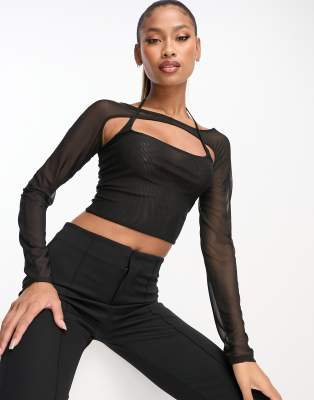 Asos Design Double Layer Mesh Crop Top In Black