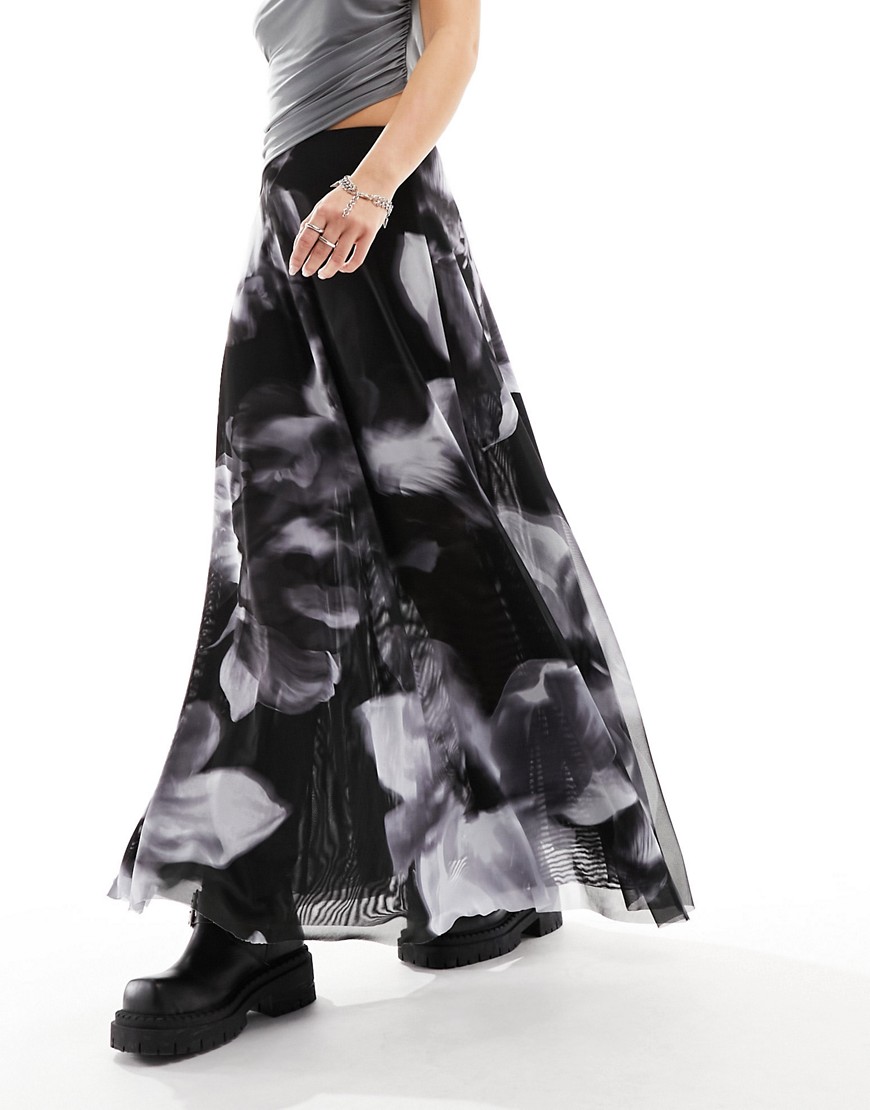 double layer mesh floaty maxi skirt in floral print-Multi