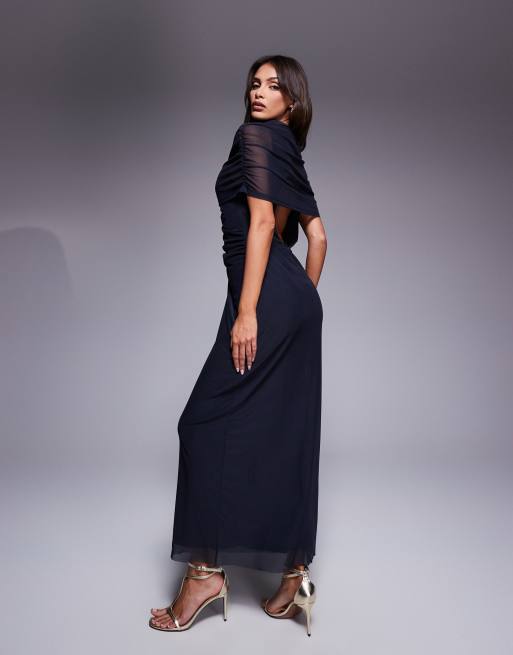 ASOS DESIGN double layer mesh high neck maxi dress with sheer panel in navy