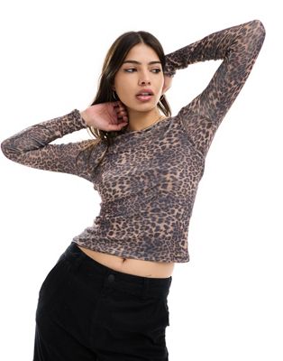 ASOS DESIGN double layer mesh long sleeve top in leopard graphic print