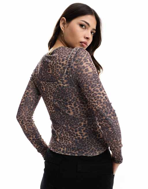 ASOS DESIGN double layer mesh long sleeve top in leopard graphic