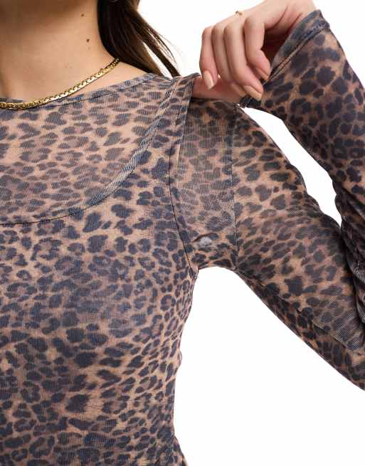 ASOS DESIGN double layer mesh long sleeve top in leopard graphic