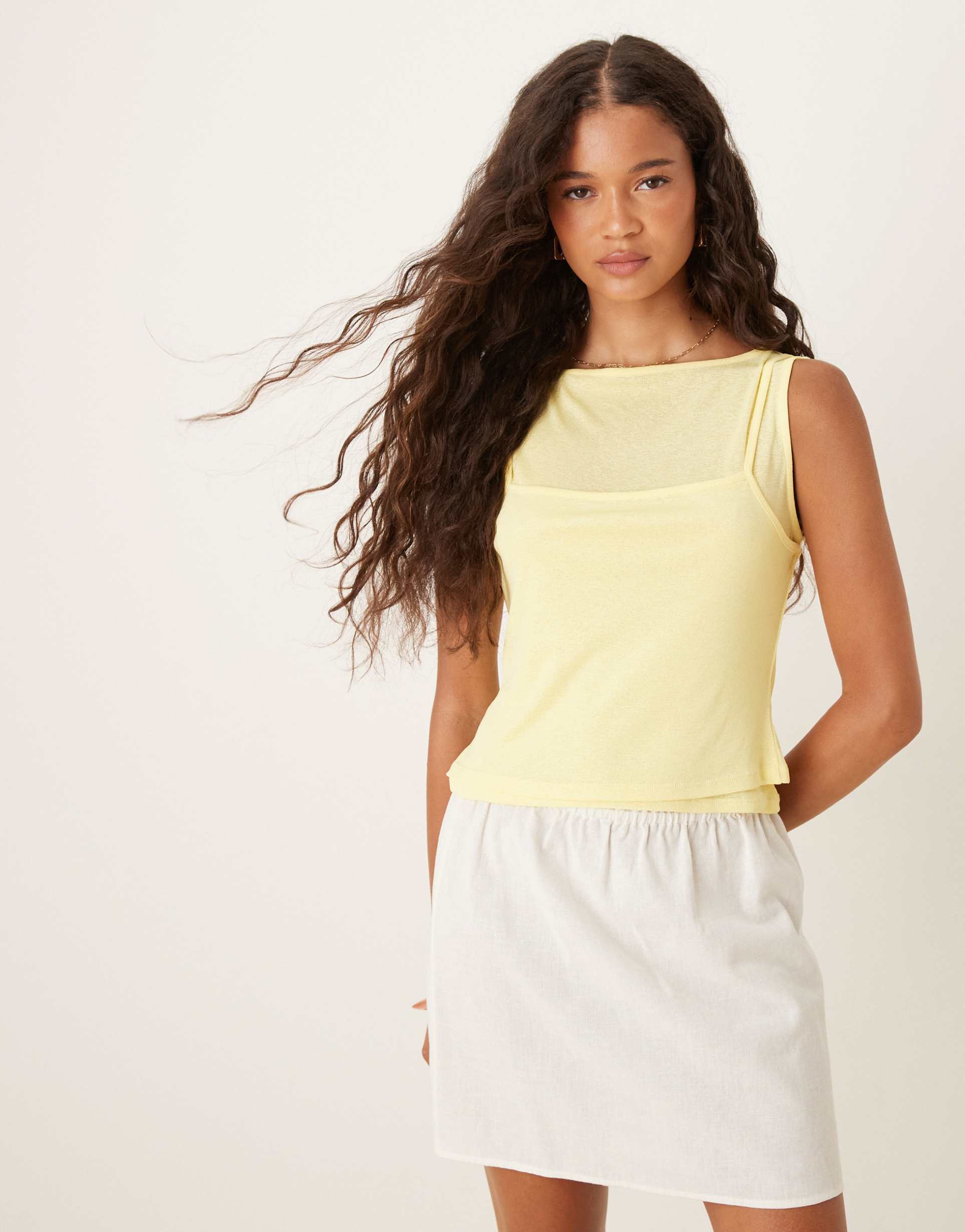 asos design double layer mesh tank top in yellow