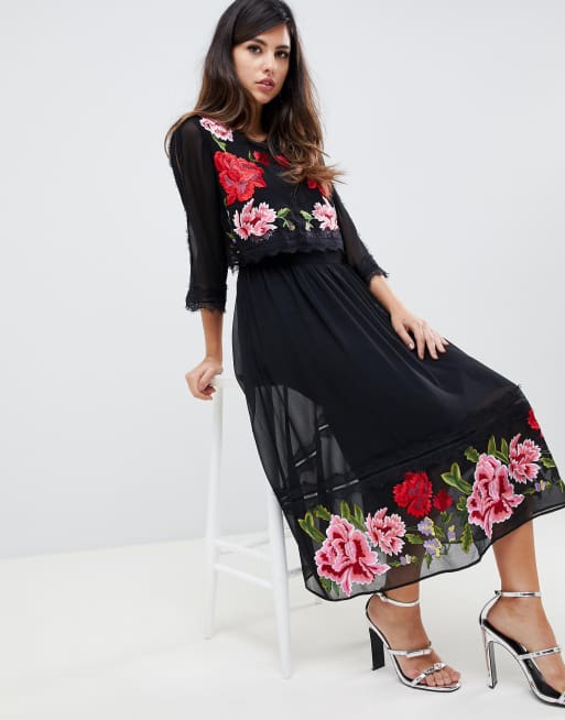 ASOS DESIGN double layer midi embroidered dress with long sleeves | ASOS