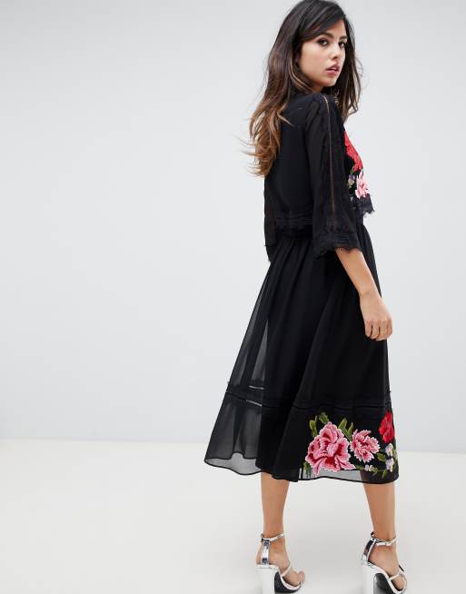 Asos design double layer midi 2025 embroidered dress with long sleeves