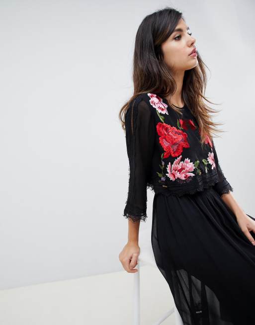 Asos design double layer midi 2025 embroidered dress with long sleeves