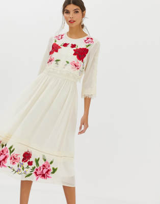 asos design double layer midi embroidered dress with long sleeves