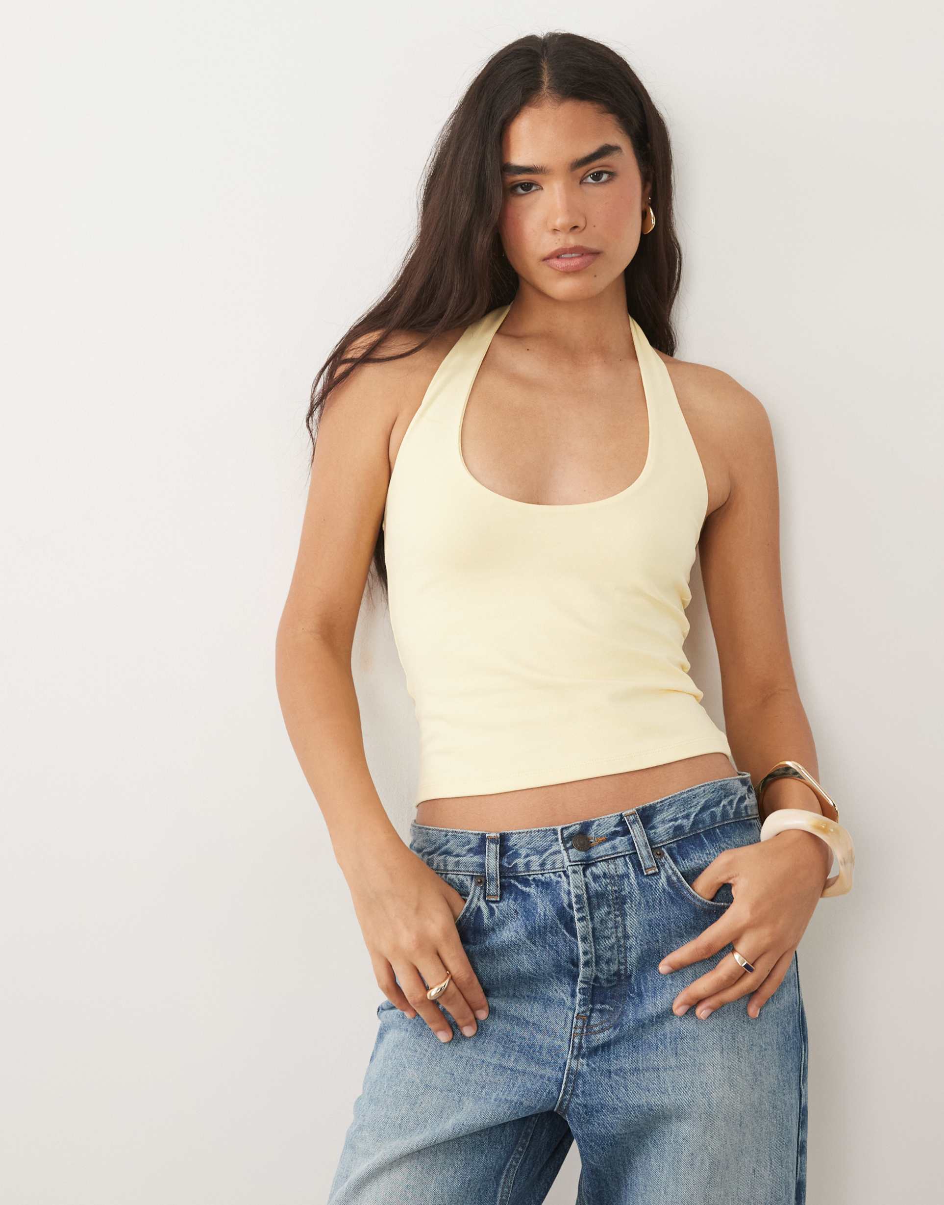 asos design double layer minimal halter neck top in buttermilk