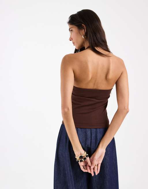 ASOS DESIGN double layer minimal halter neck top in choc, 4 of 4