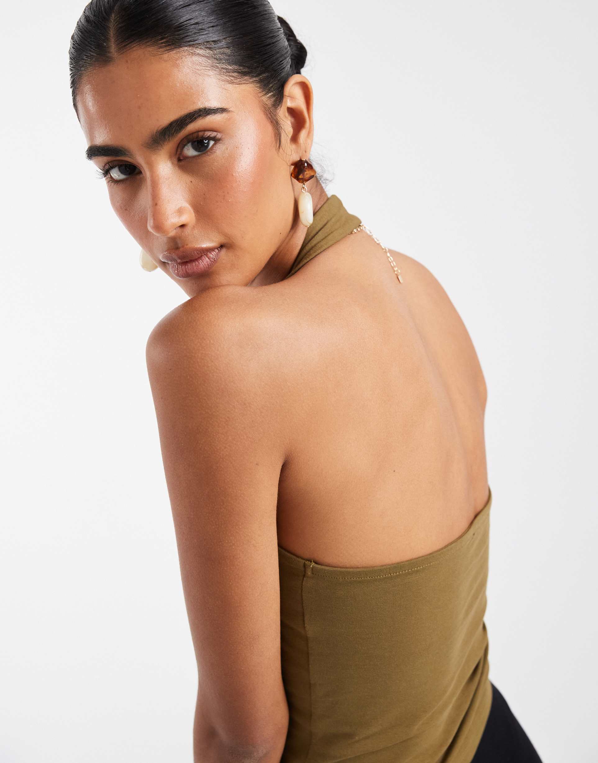 asos design double layer minimal halter neck top in khaki