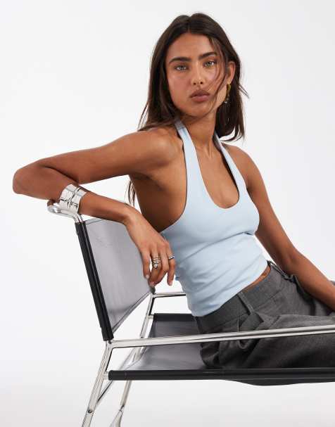 ASOS DESIGN double layer minimal halter neck top in light blue