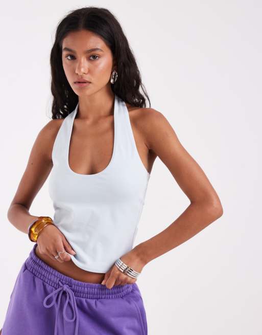 ASOS DESIGN double layer minimal halter neck top in light blue, 2 of 4