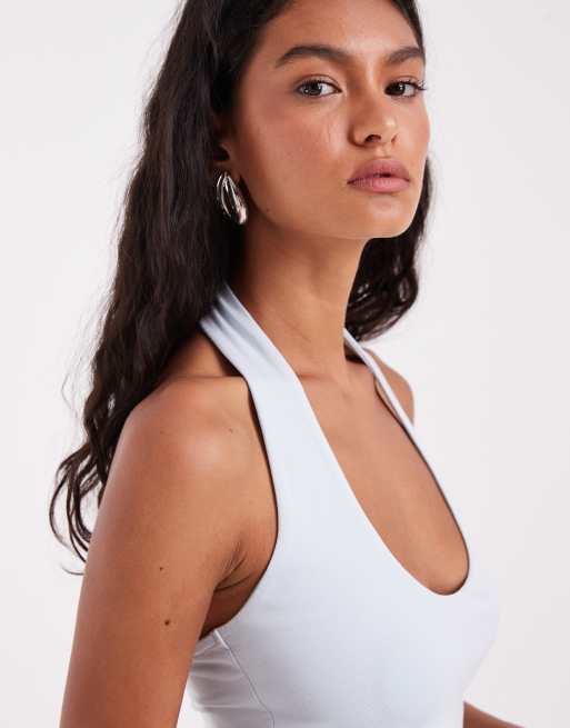 ASOS DESIGN double layer minimal halter neck top in light blue, 4 of 4