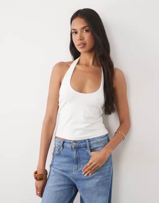 ASOS DESIGN double layer minimalist halter neck top in cream