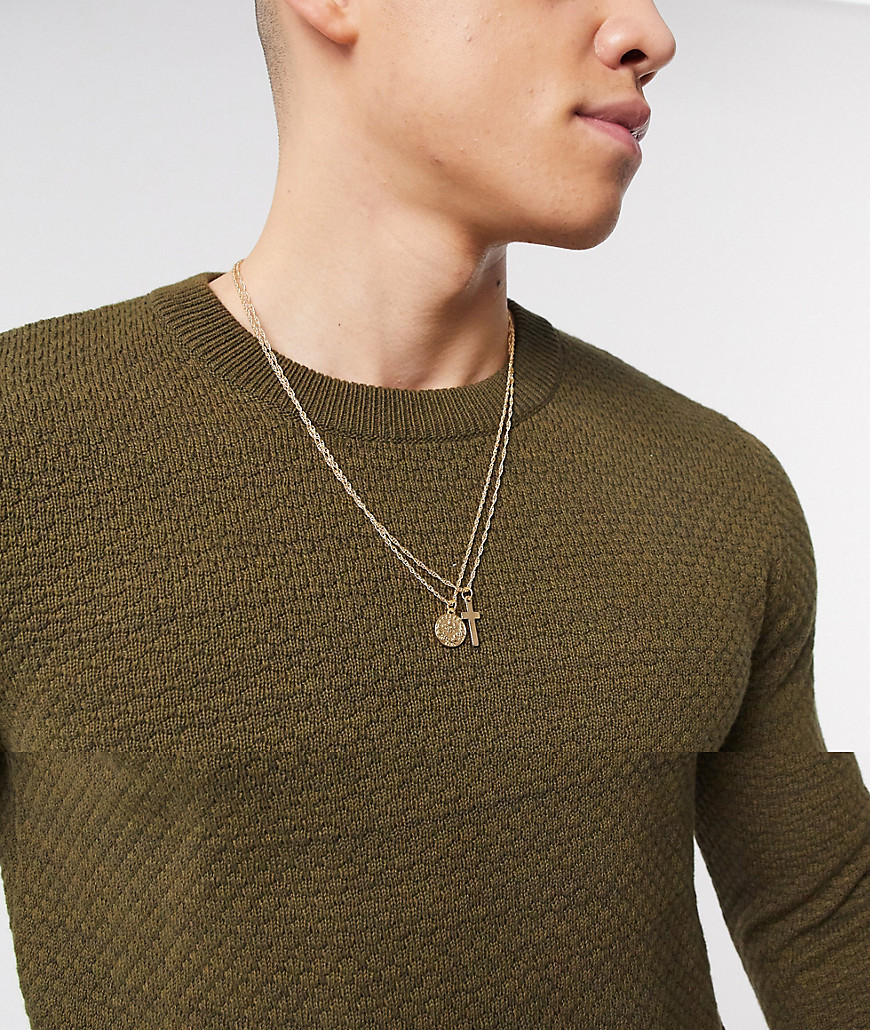 ASOS DESIGN double layer neckchain with cross and coin charms in gold tone