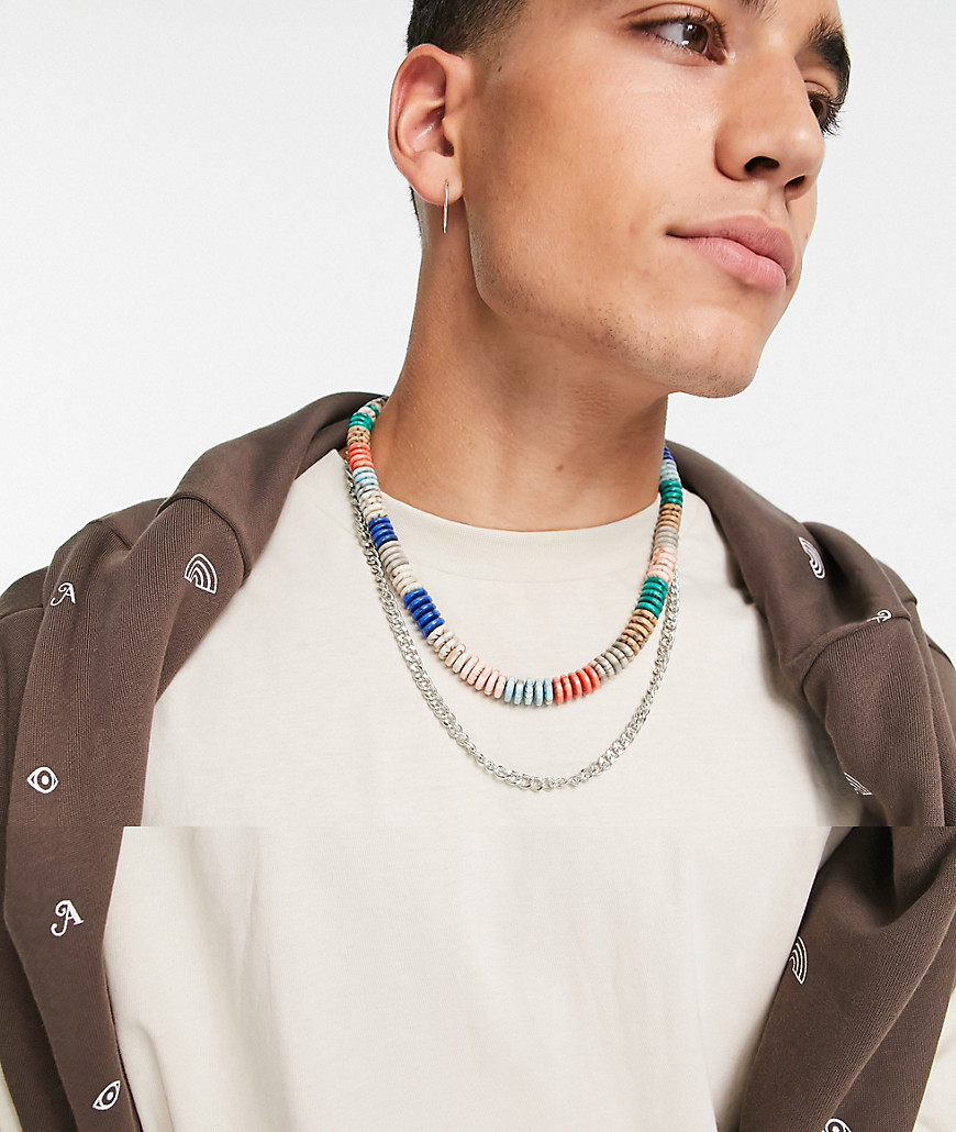 ASOS DESIGN double layer neckchain with multicolor beads and chain in silver tone