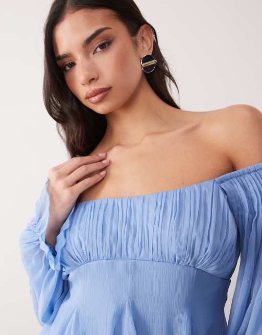 ASOS DESIGN double layer off shoulder godet mini dress in blue, 3 of 4