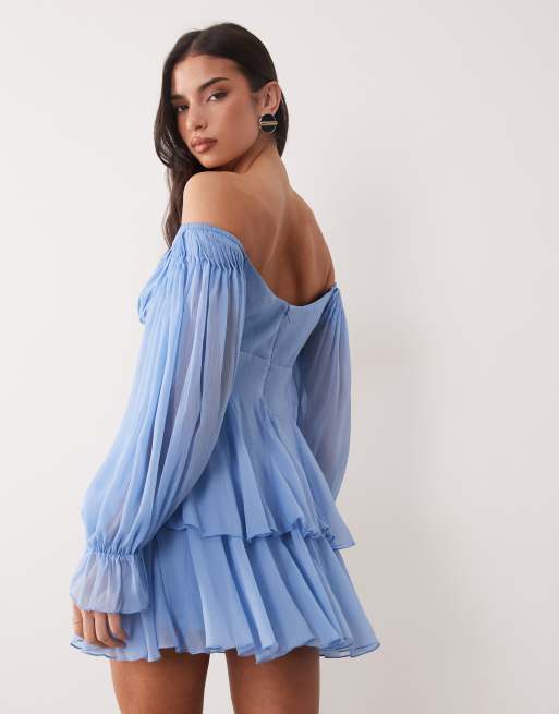 ASOS DESIGN double layer off shoulder godet mini dress in blue, 4 of 4