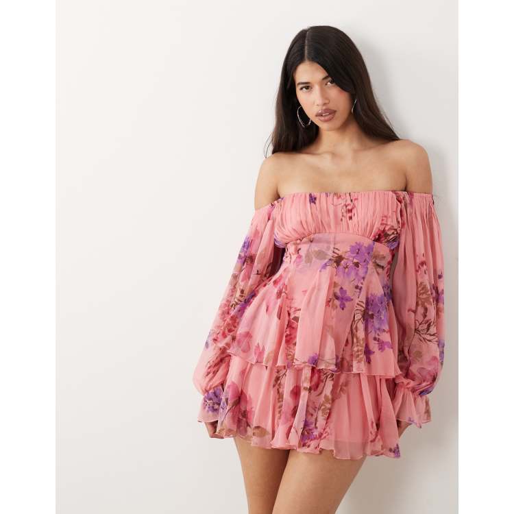 ASOS DESIGN double layer off shoulder godet mini dress in pink floral | ASOS