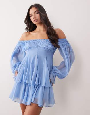 Asos Design Double Layer Off The Shoulder Godet Mini Dress In Blue