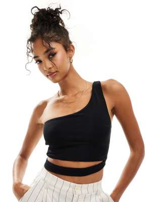 ASOS DESIGN double layer one shoulder crop top with waist cut out in black