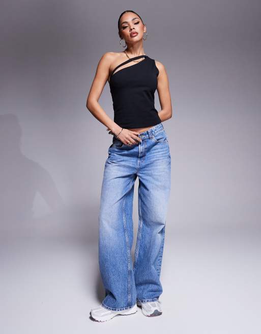 ASOS DESIGN double layer one shoulder top with strap detail in black, 2 of 4