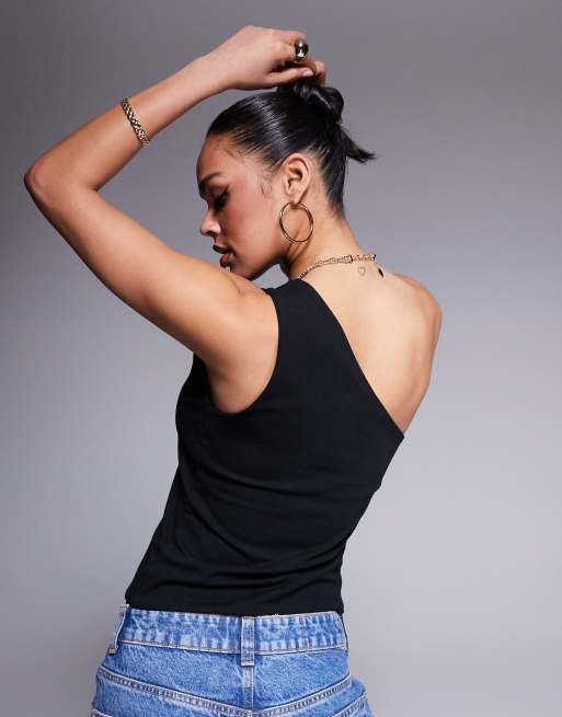 ASOS DESIGN double layer one shoulder top with strap detail in black, 4 of 4