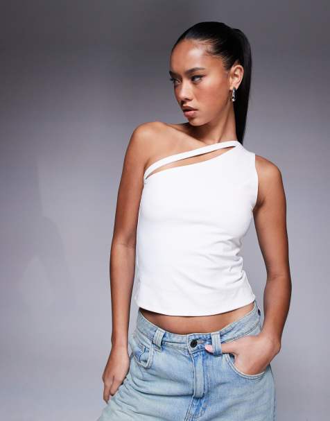 ASOS DESIGN double layer one shoulder top with strap detail in white - view 1