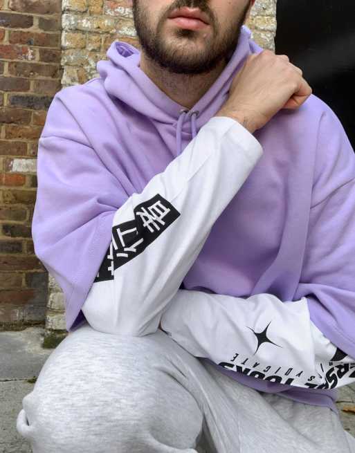 ASOS DESIGN double layer oversized hoodie with back sleeve print in lilac white