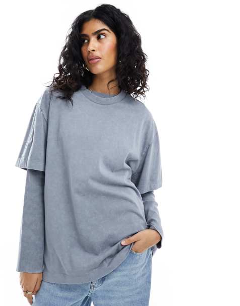 ASOS DESIGN double layer oversized T-shirt in washed gray - view 1