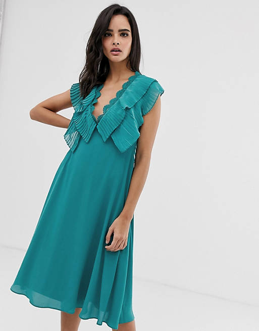 ASOS DESIGN double layer pleat sleeve midi dress with scallop trim | ASOS