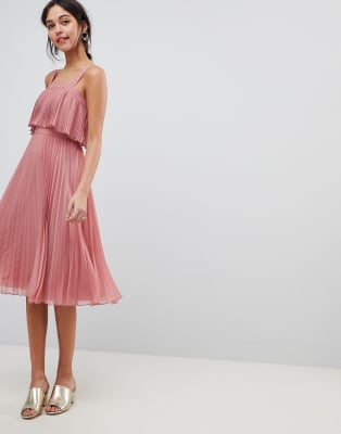 asos design pleated bandeau midi dress with double layer