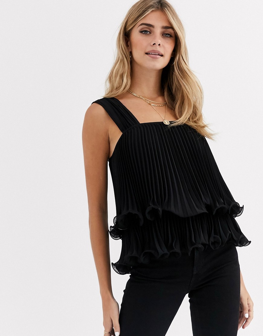 ASOS DESIGN double layer pleated top with square neck-Black