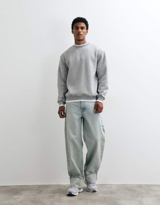 ASOS DESIGN double layer relaxed crew neck sweatshirt in grey marl, 3 of 5