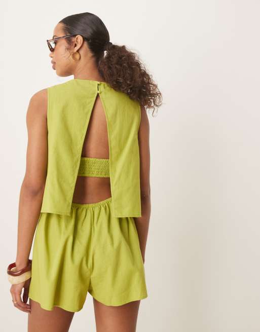 ASOS DESIGN double layer romper with open back in green
