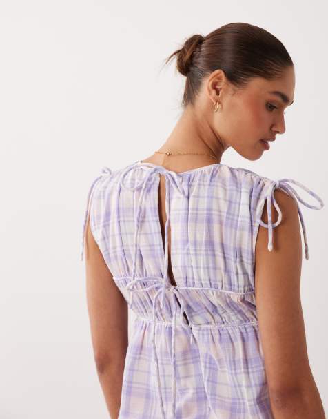 ASOS DESIGN double layer romper with tie detail in lilac plaid - view 1