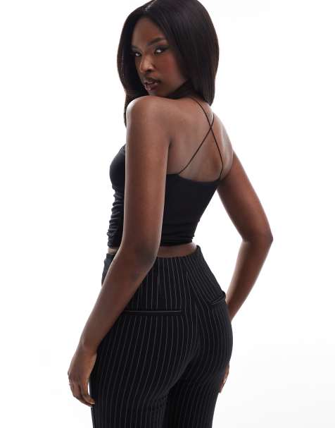ASOS DESIGN double layer ruched front keyhole spaghetti strap top in black - view 1