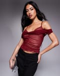 [ASOS DESIGN] ASOS DESIGN double layer ruched mesh bardot top in burgundy-Red XS Burgundy