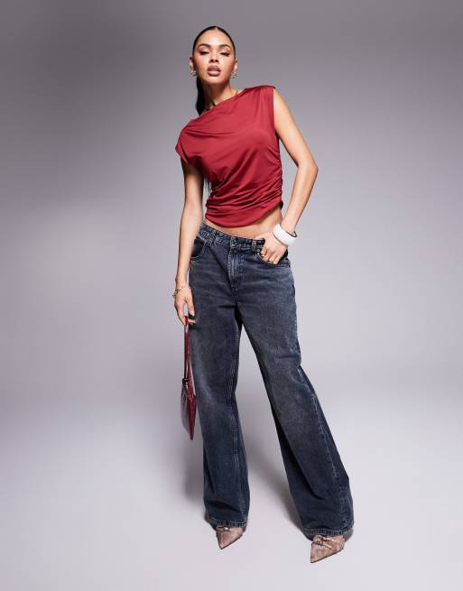 ASOS DESIGN double layer ruched side top in slinky in wine, 2 of 4