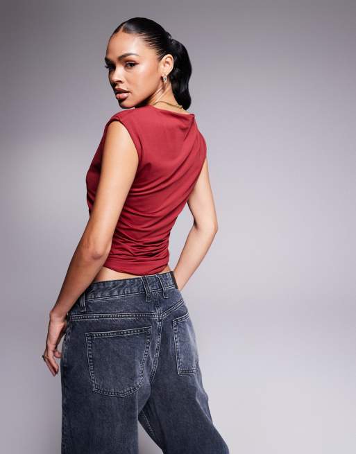 ASOS DESIGN double layer ruched side top in slinky in wine, 4 of 4