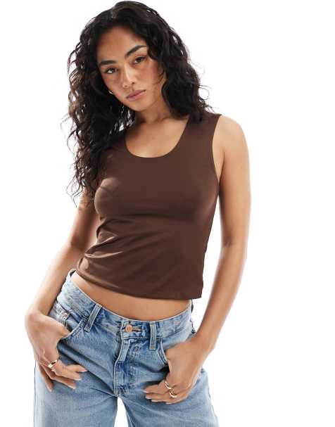 ASOS DESIGN double layer scoop neck singlet in chocolate - view 1