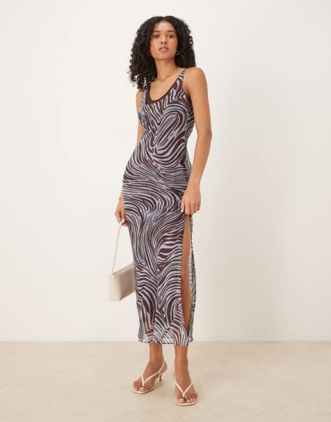 ASOS DESIGN double layer scoop neck slip midi dress in chocolate and pale blue zebra print - view 1