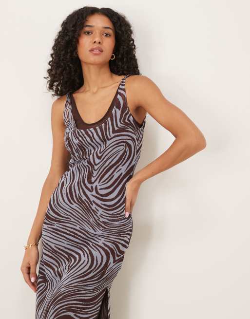 ASOS DESIGN double layer scoop neck slip midi dress in chocolate and pale blue zebra print, 2 of 4