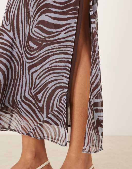 ASOS DESIGN double layer scoop neck slip midi dress in chocolate and pale blue zebra print, 4 of 4