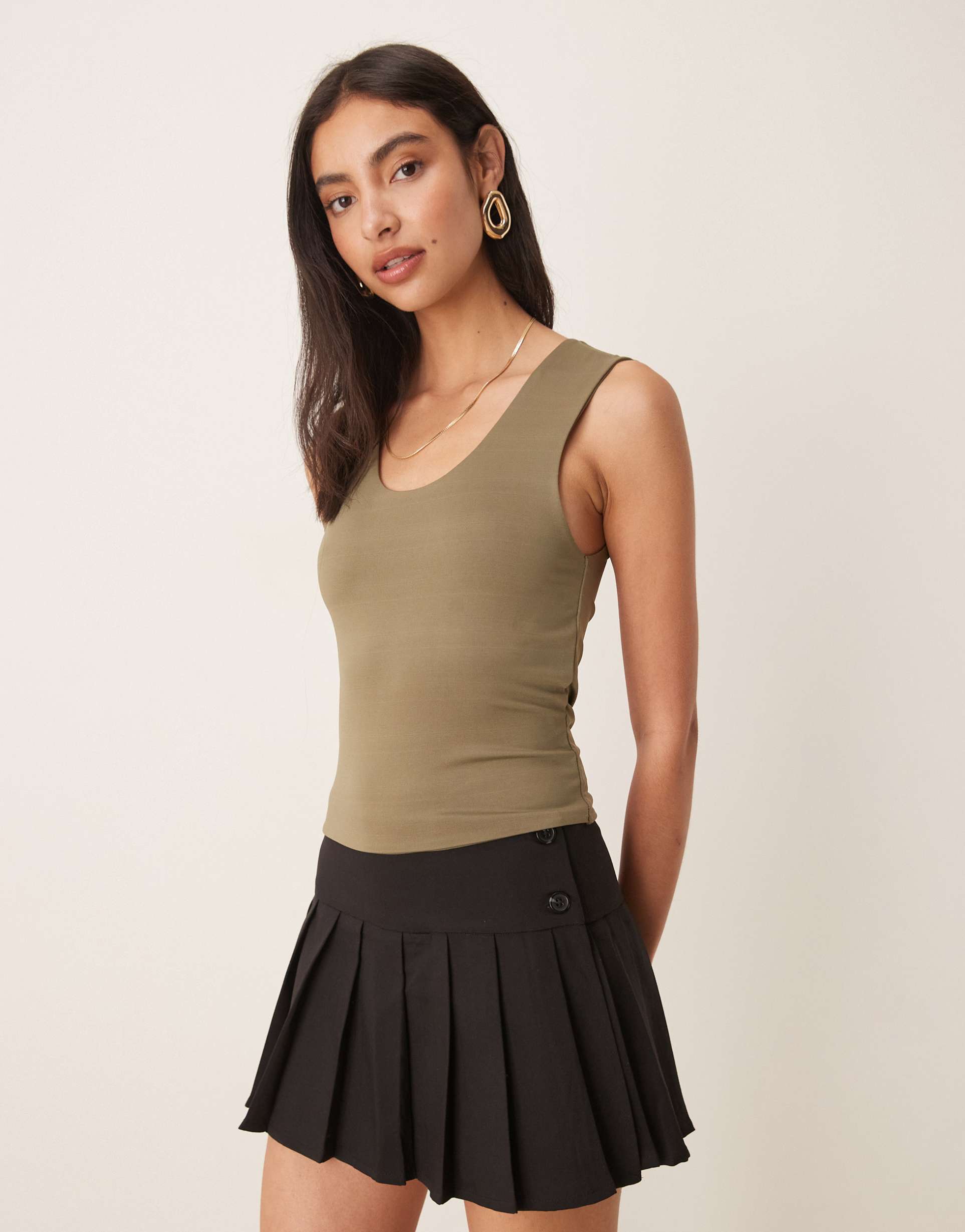 asos design double layer scoop neck tank top in khaki