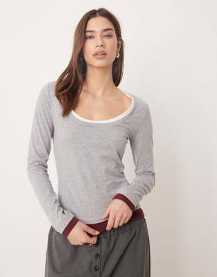 Asos Design Double Layer Scoop Neck Top In Gray