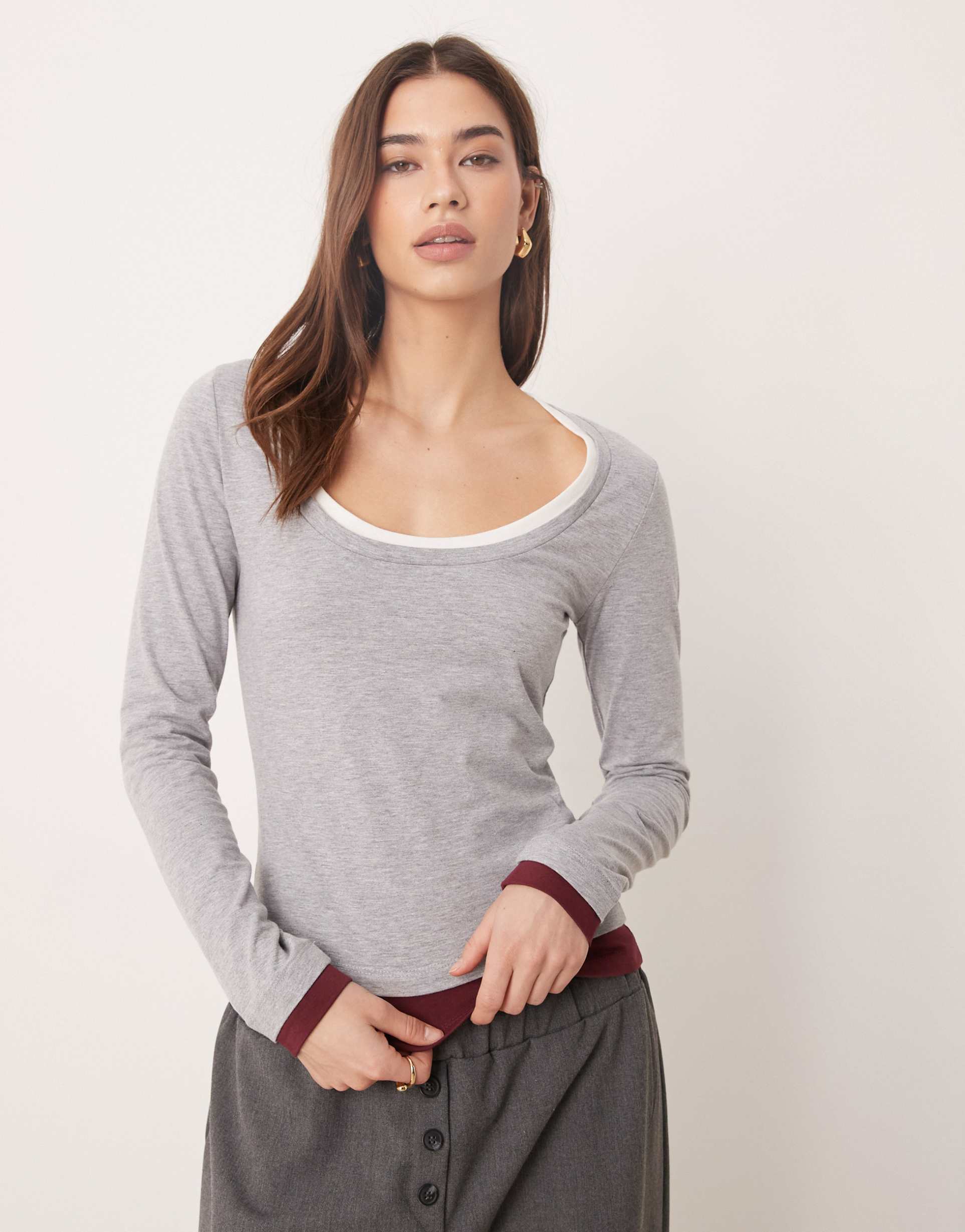 asos design double layer scoop neck top in gray