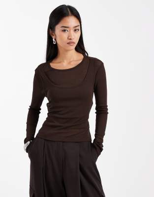 Asos Design Double Layer Sheer Top In Brown