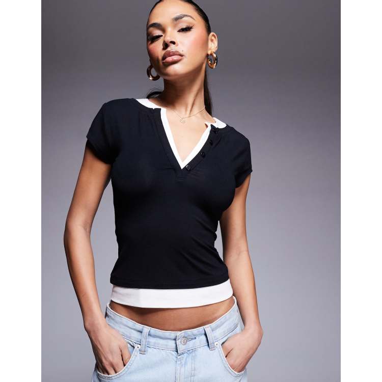 ASOS DESIGN double layer short sleeve monochrome henley top