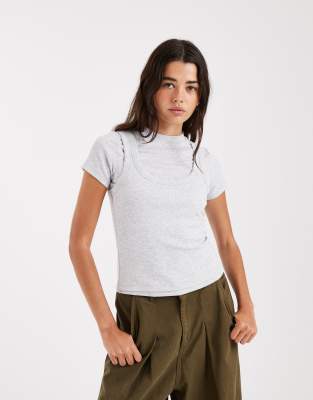 Asos Design Double Layer Short Sleeve Top In Gray